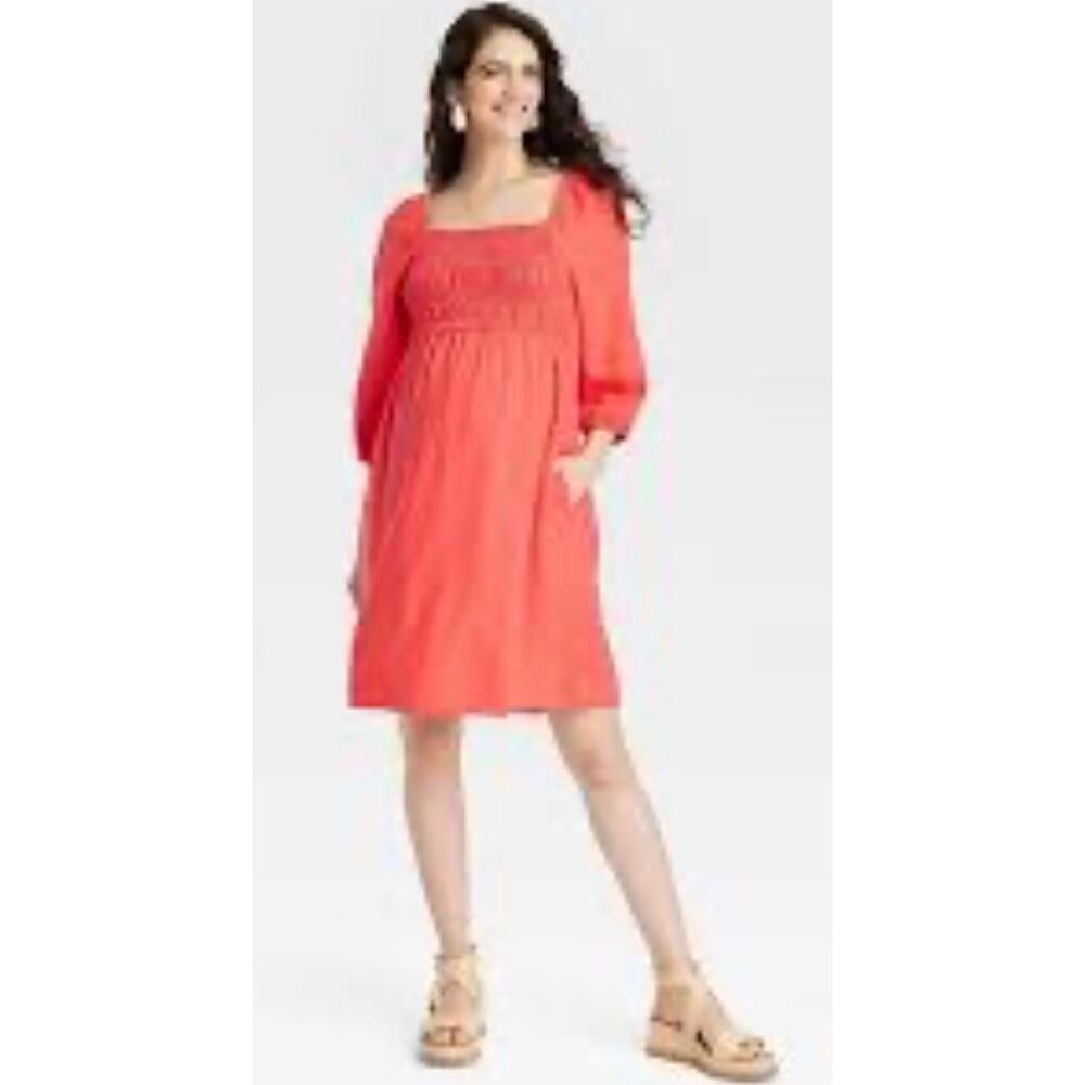 Isabel Maternity Smocked Linen Blend Dress S Coral Puff Sleeve Cottagecore